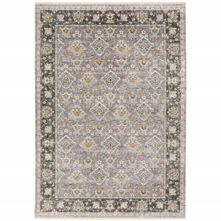 6' x 9' Grey and Blue Oriental Power Loom Stain Resistant Area Rug with Fringe