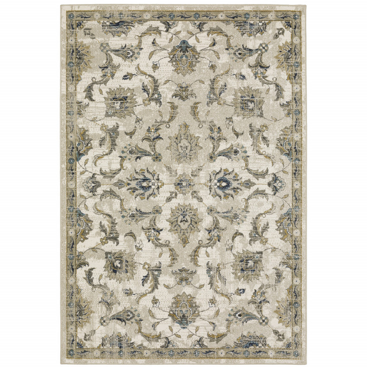 6' x 9' Beige Gold Blue and Grey Oriental Power Loom Stain Resistant Area Rug