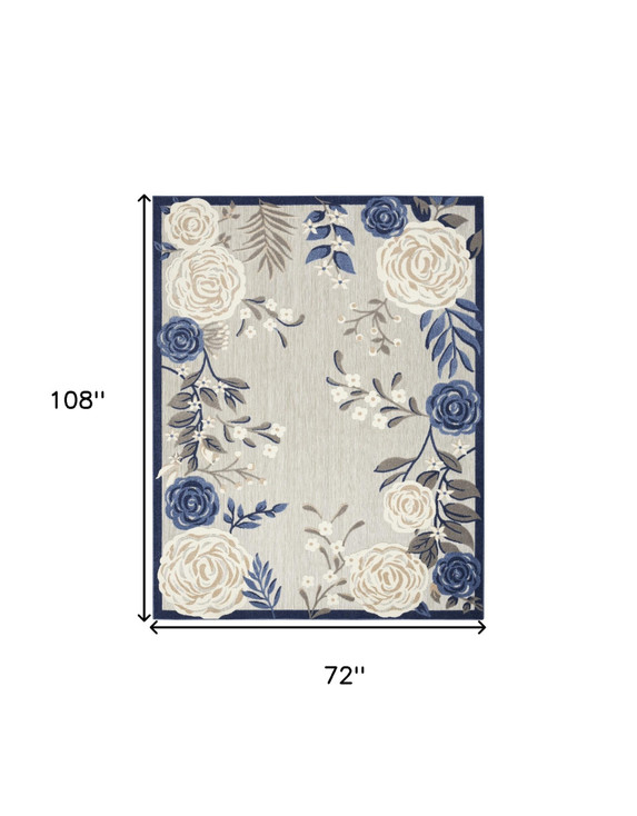 6' x 9' Blue & Grey Floral Stain Resistant Non Skid Polypropylene Area Rug