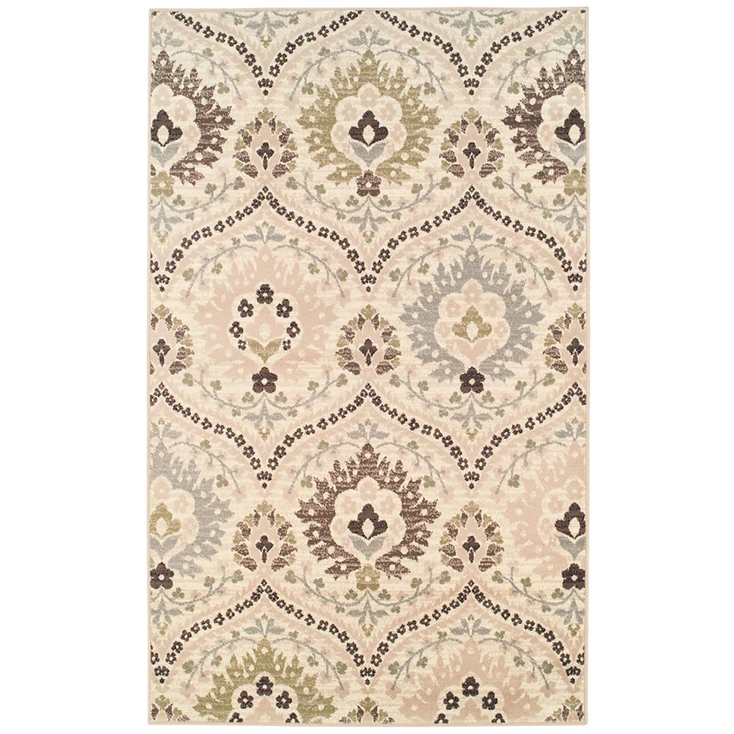 6' x 9' Ivory Gray and Olive Floral Stain Resistant Area Rug