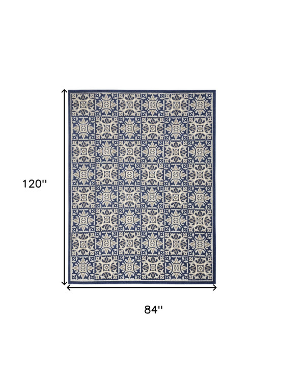 7' x 10' Blue Fleur De Lis Stain Resistant Non Skid Area Rug