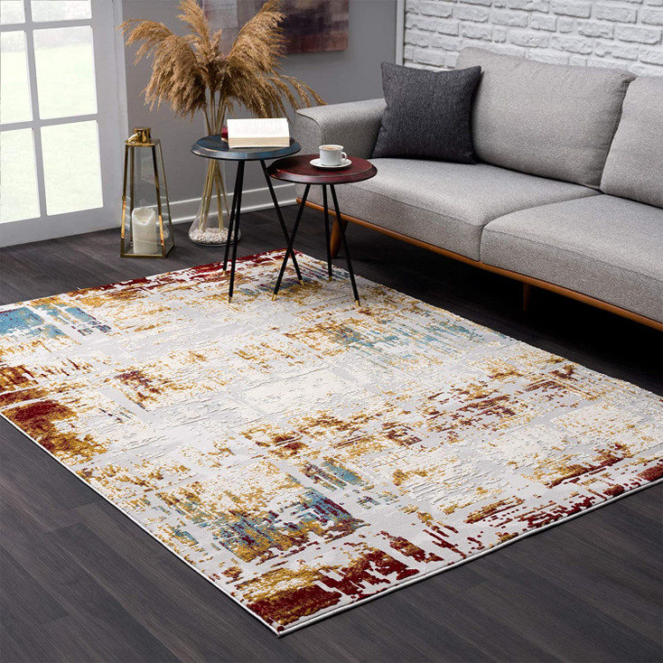 7' x 10' Abstract Beige and Gold Modern Area Rug