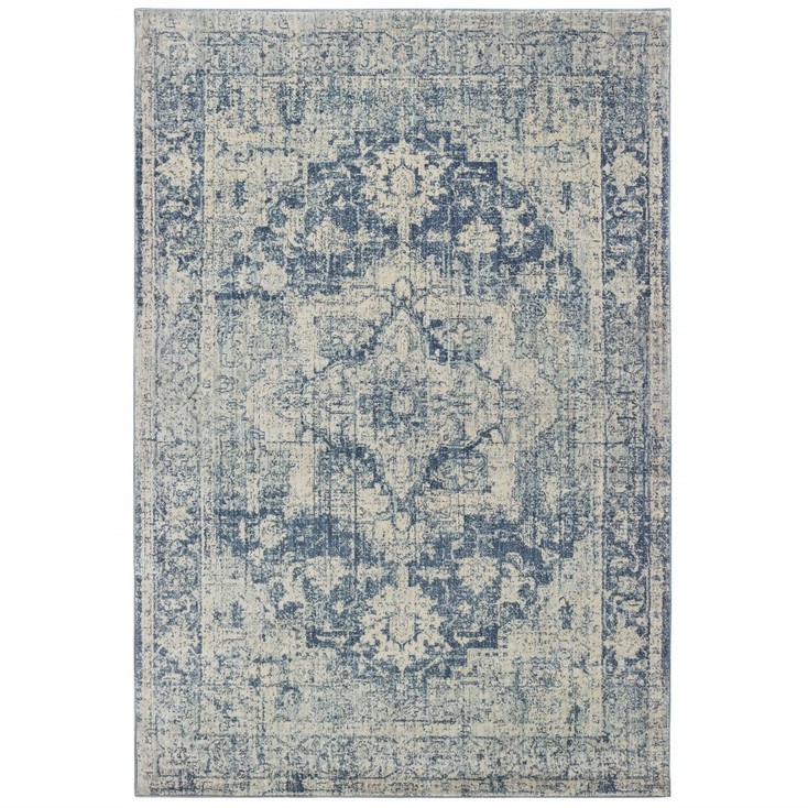 7' x 10' Ivory and Blue Oriental Area Rug