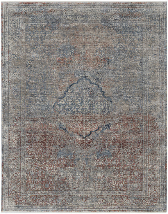 7' x 10' Blue Red and Gray Floral Power Loom Stain Resistant Area Rug