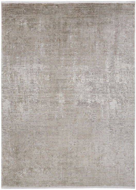 7' x 10' Tan Ivory and Gray Abstract Power Loom Distressed Area Rug with Fringe