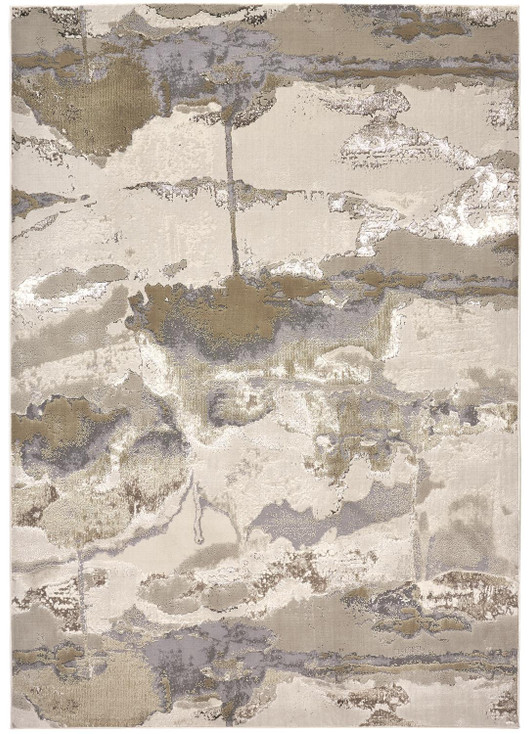 7' x 10' Gray Ivory and Gold Abstract Stain Resistant Area Rug