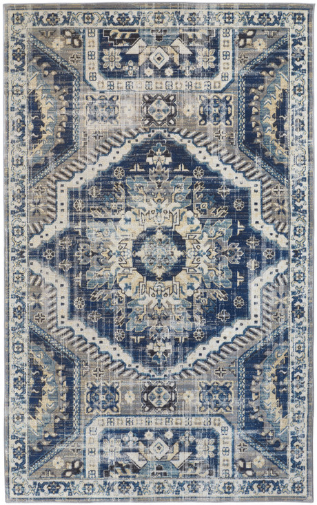 7' x 10' Blue and Ivory Abstract Power Loom Distressed Stain Resistant Area Rug