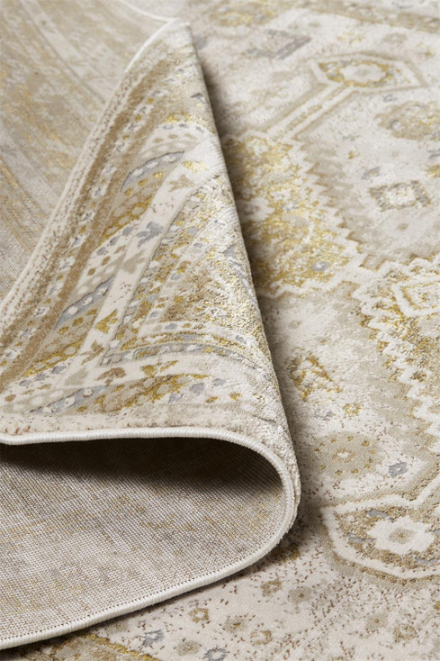 7' x 10' Gold and Ivory Floral Stain Resistant Area Rug