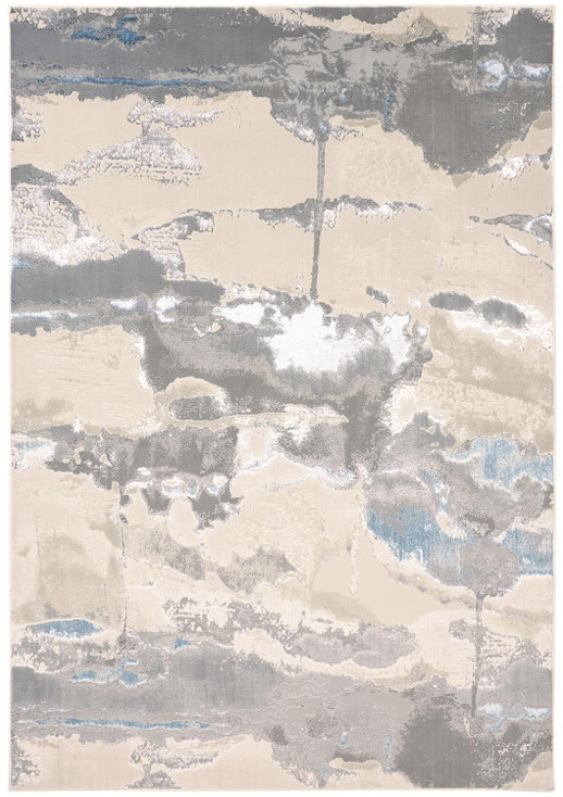 7' x 10' Ivory Gray and Blue Abstract Stain Resistant Area Rug