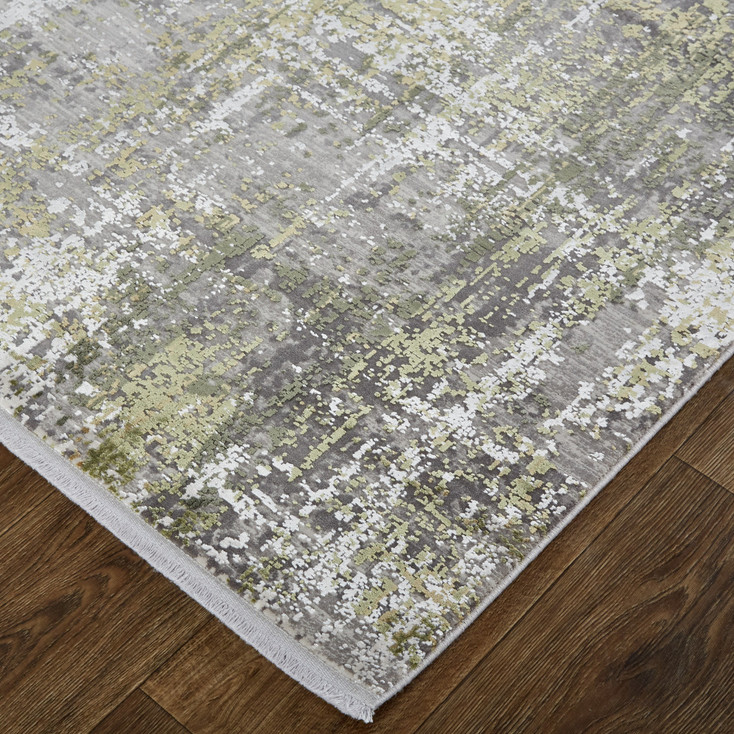 7' x 10' Green Gray and Ivory Abstract Area Rug with Fringe