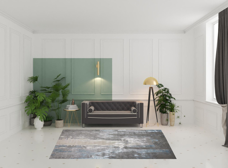 7' x 10' Gray Ivory & Blue Abstract Stain Resistant Area Rug