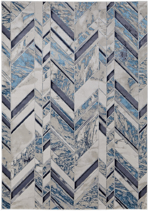 7' x 10' Ivory Blue and Gray Chevron Power Loom Distressed Area Rug