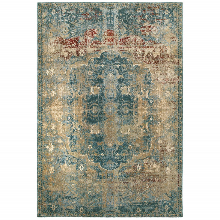 7' x 10' Sand and Blue Distressed Indoor Area Rug