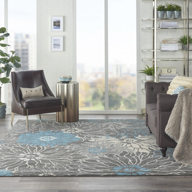 7' x 10' Blue and Gray Floral Power Loom Area Rug
