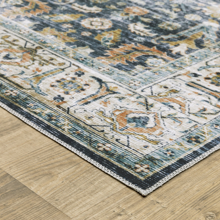7' x 10' Blue Gold Rust Ivory & Olive Oriental Printed Stain Resistant Non Skid Area Rug