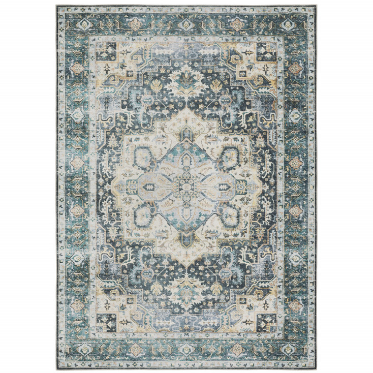 7' x 10' Blue Ivory Teal Brown & Gold Oriental Printed Stain Resistant Non Skid Area Rug