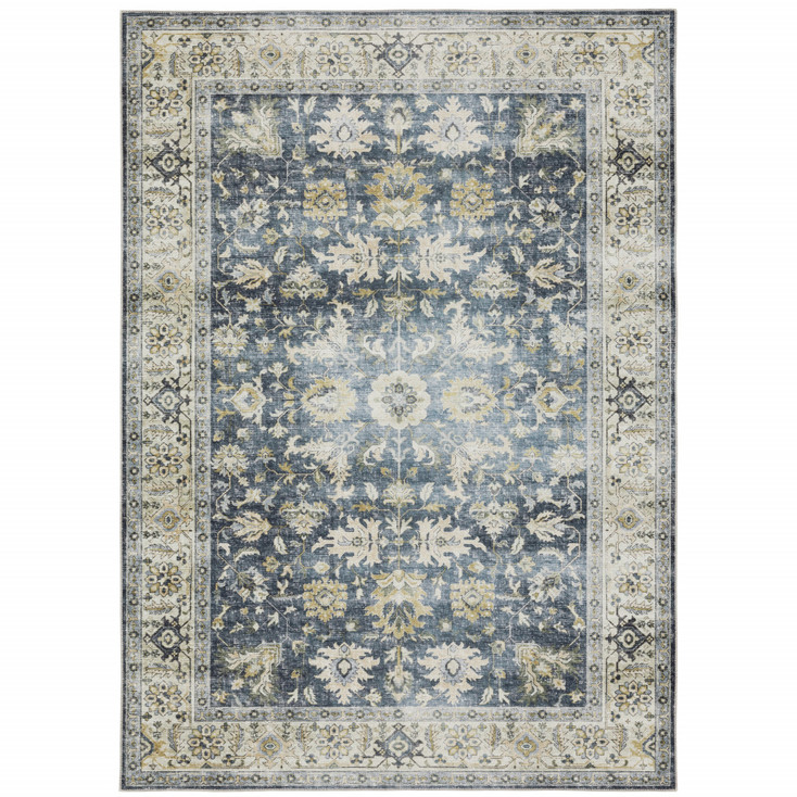 7' x 10' Blue Gold Green and Ivory Oriental Printed Stain Resistant Non Skid Area Rug