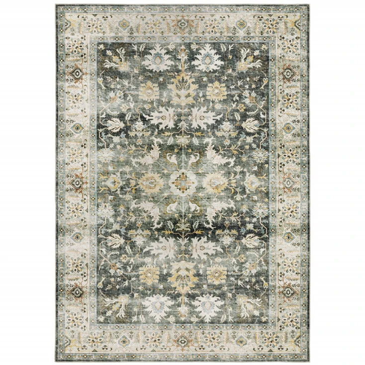 7' x 10' Grey Charcoal Gold Brown Ivory Pale Sage & Light Blue Oriental Printed Non Skid Rug