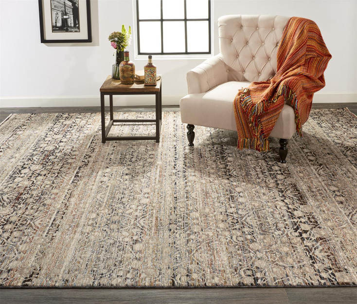 7' x 10' Gray Ivory and Tan Abstract Distressed Area Rug with Fringe