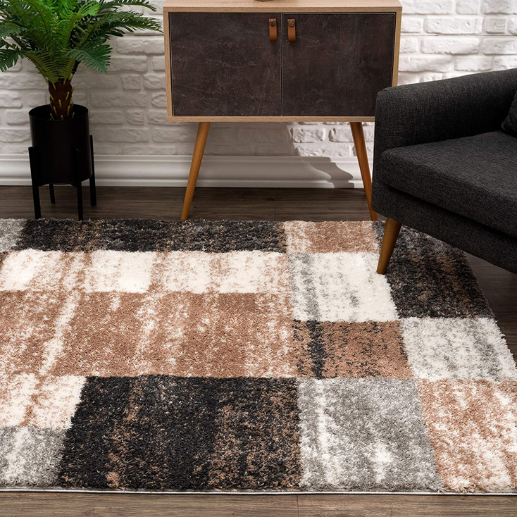 7' x 9' Beige Modern Blocks Area Rug
