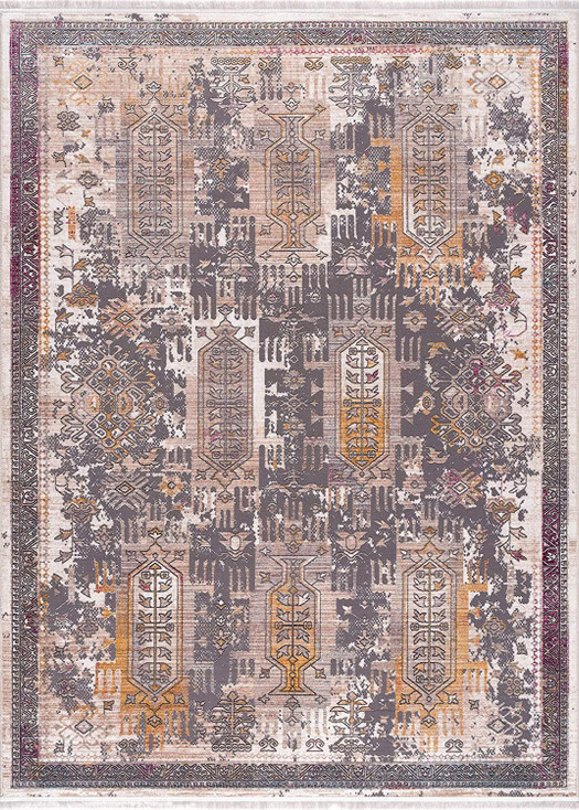 7' x 9' Gray Faded Tribal Motifs Area Rug
