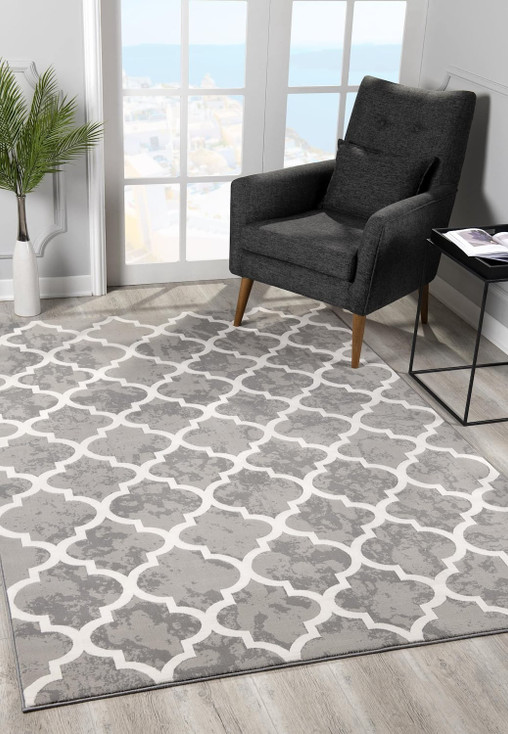 7' x 9' Grey Geometric Power Loom Stain Resistant Rectangle Area Rug