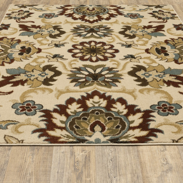 7' x 9' Ivory and Red Floral Vines Area Rug