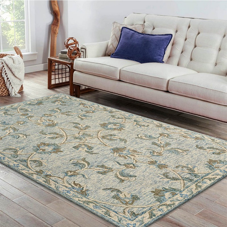 7' x 9' Blue and Ivory Wool Hand Tufted Area Rug