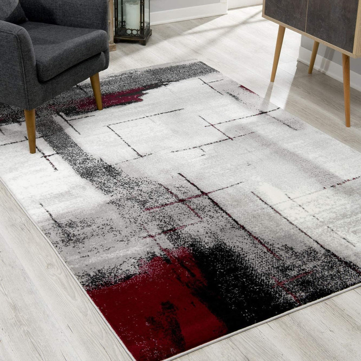 7' x 9' Gray and Burgundy Abstract Area Rug