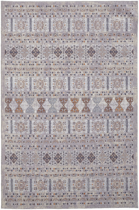 7' x 9' Orange Gray and White Geometric Power Loom Distressed Stain Resistant Area Rug