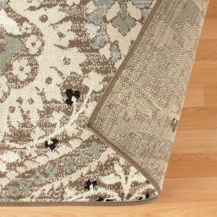 7' x 9' Ivory Beige and Light Blue Floral Stain Resistant Area Rug