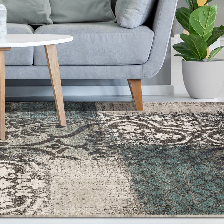 7' x 9' Teal and Gray Damask Distressed Stain Resistant Area Rug