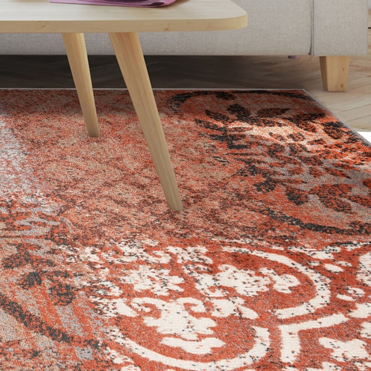 7' x 9' Rust and Gray Damask Distressed Stain Resistant Area Rug