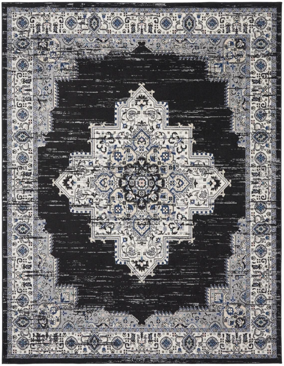 8' x 10' Black Floral Power Loom Distressed Area Rug