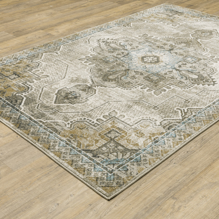 8' x 10' Grey Blue Beige and Gold Oriental Power Loom Stain Resistant Area Rug