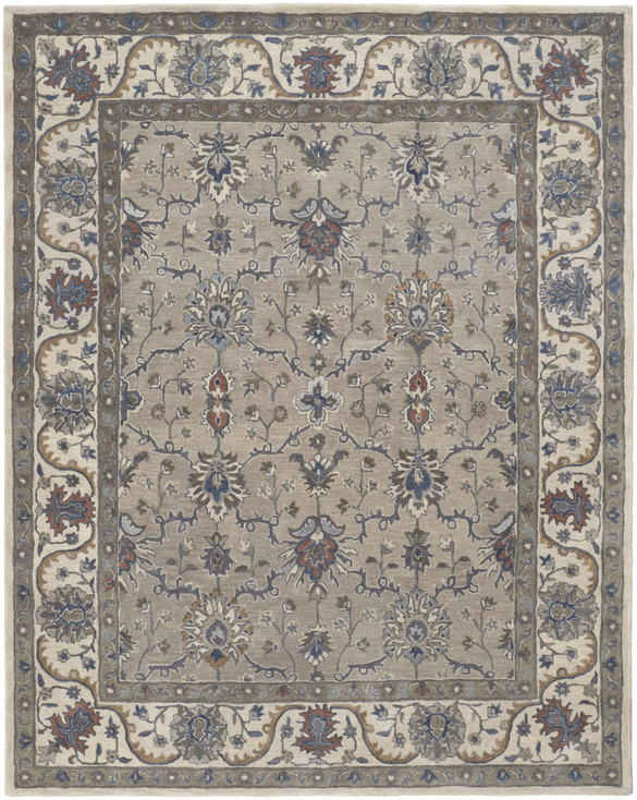 8' x 10' Taupe Ivory and Blue Wool Floral Tufted Handmade Stain Resistant Area Rug