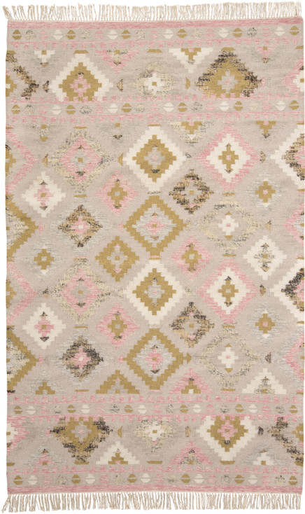 8' x 10' Pink Gold and Taupe Wool Geometric Dhurrie Flat Weave Handmade Area Rug