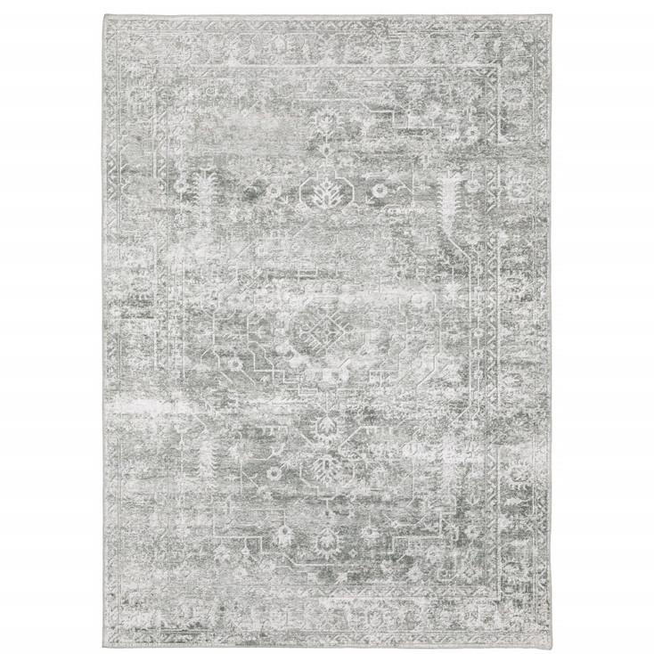 8' x 10' Sage Green Grey Ivory and Silver Oriental Printed Non Skid Area Rug