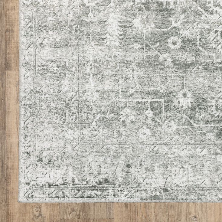 8' x 10' Sage Green Grey Ivory and Silver Oriental Printed Non Skid Area Rug