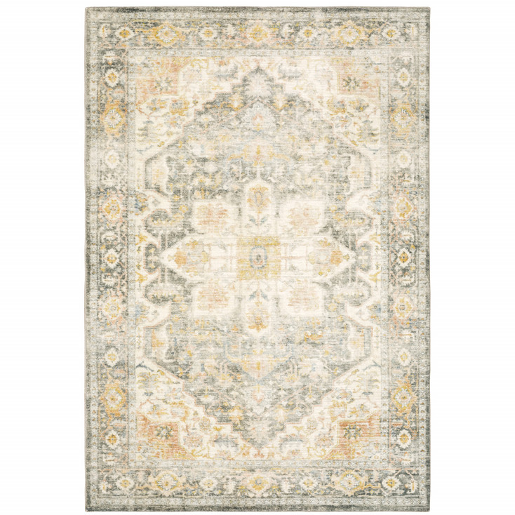 8' x 10' Grey Gold Orange and Ivory Oriental Power Loom Stain Resistant Area Rug