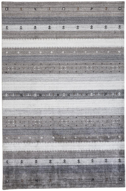 8' x 10' Gray Silver and Black Wool Striped Hand Knotted Stain Resistant Area Rug