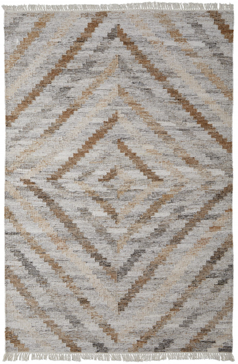 8' x 10' Ivory Gray and Tan Geometric Hand Woven Stain Resistant Area Rug with Fringe