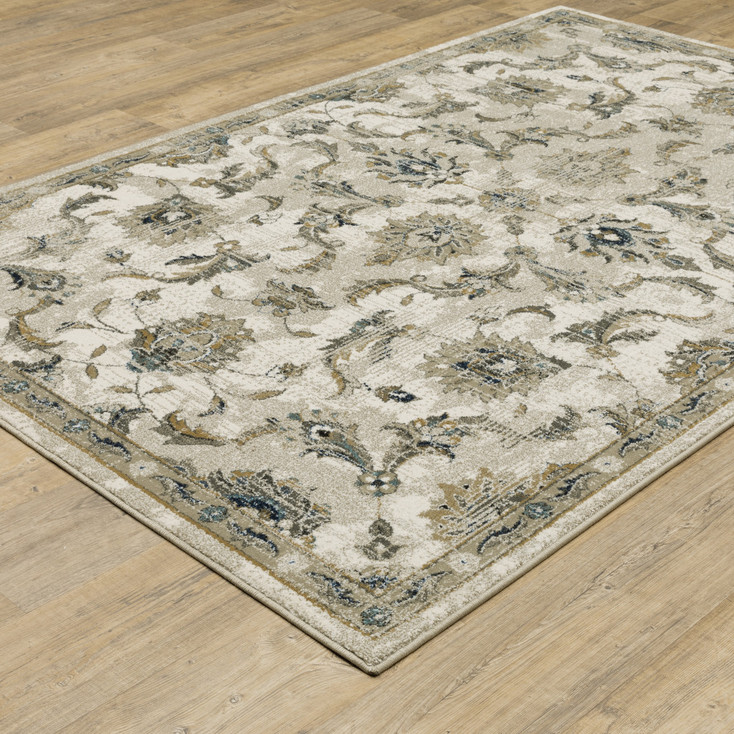 8' x 10' Beige Gold Blue and Grey Oriental Power Loom Stain Resistant Area Rug
