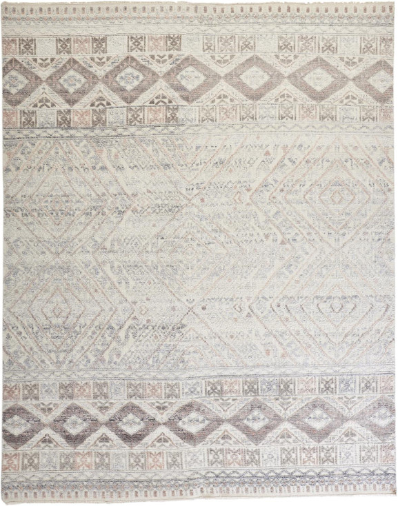 8' x 10' Gray Ivory and Pink Geometric Hand Knotted Area Rug