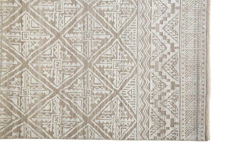 8' x 10' Ivory Tan and Gray Geometric Hand Knotted Area Rug