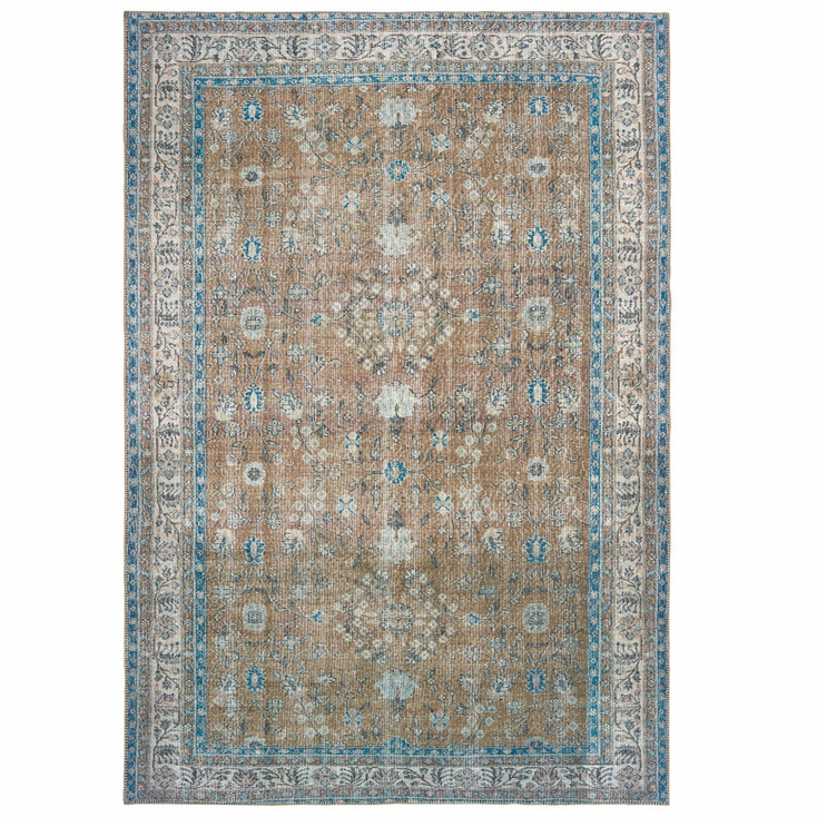 8' x 10' Gold and Grey Oriental Power Loom Stain Resistant Area Rug