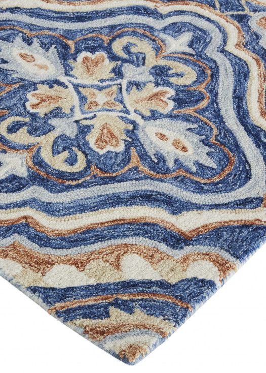8' x 10' Blue Orange and Ivory Wool Floral Tufted Handmade Stain Resistant Area Rug