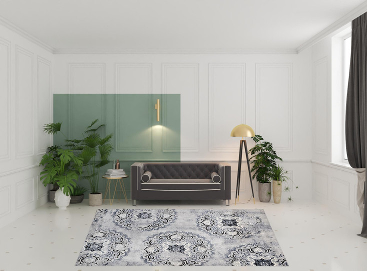 8' x 10' Silver and Gray Geometric Medallion Stain Resistant Area Rug