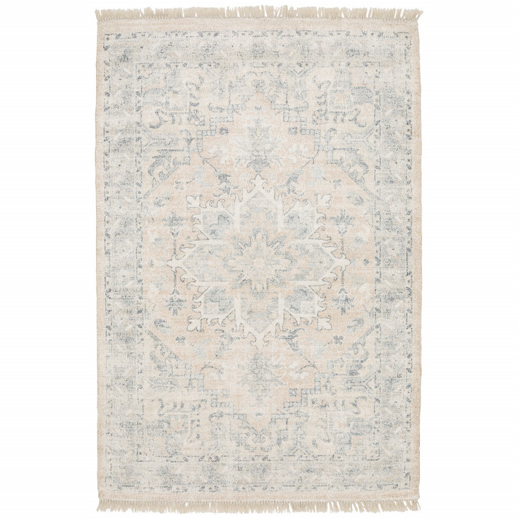 8' x 10' Beige & Grey Oriental Hand Loomed Stain Resistant Area Rug with Fringe
