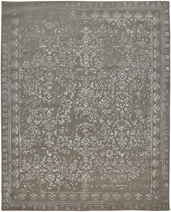 8' x 10' Gray Taupe and Silver Wool Floral Tufted Handmade Distressed Area Rug